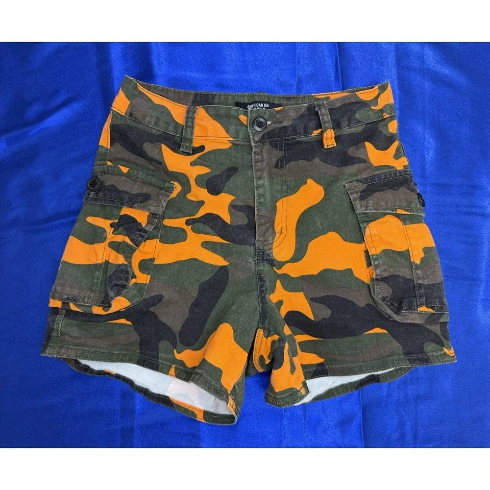 American Bazi Los Angeles Women's Small Utility Cargo Orange Camo Shorts Hiking